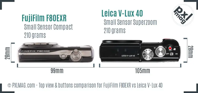 FujiFilm F80EXR vs Leica V-Lux 40 top view buttons comparison FujiFilm F80EXR vs Leica V-Lux 40 top view buttons comparison