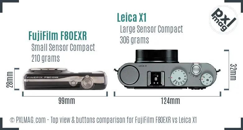 FujiFilm F80EXR vs Leica X1 top view buttons comparison FujiFilm F80EXR vs Leica X1 top view buttons comparison