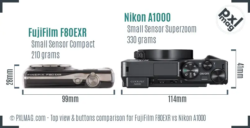 FujiFilm F80EXR vs Nikon A1000 top view buttons comparison FujiFilm F80EXR vs Nikon A1000 top view buttons comparison
