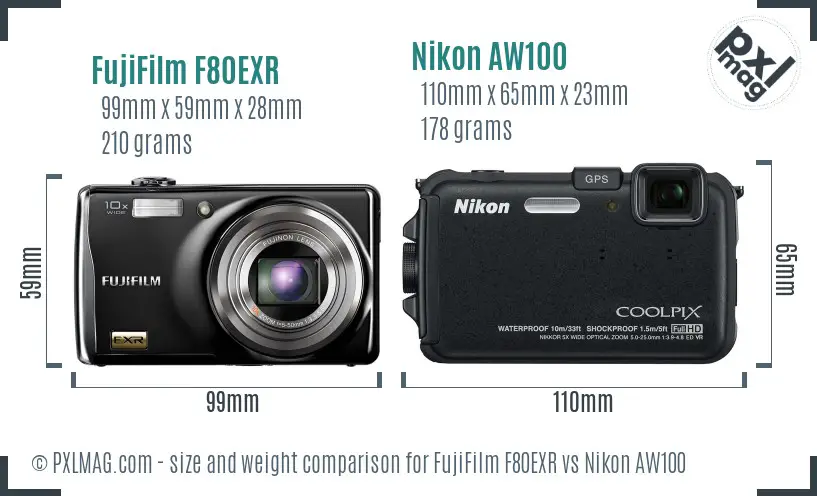 FujiFilm F80EXR vs Nikon AW100 size comparison FujiFilm F80EXR vs Nikon AW100 size comparison
