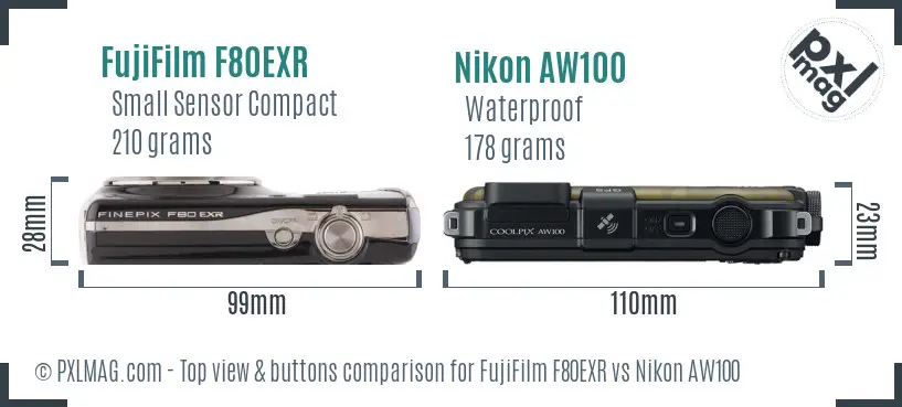 FujiFilm F80EXR vs Nikon AW100 top view buttons comparison FujiFilm F80EXR vs Nikon AW100 top view buttons comparison