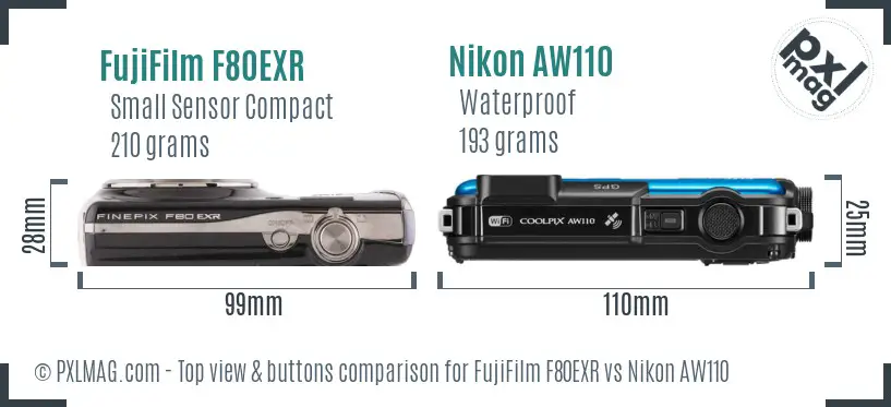 FujiFilm F80EXR vs Nikon AW110 top view buttons comparison
