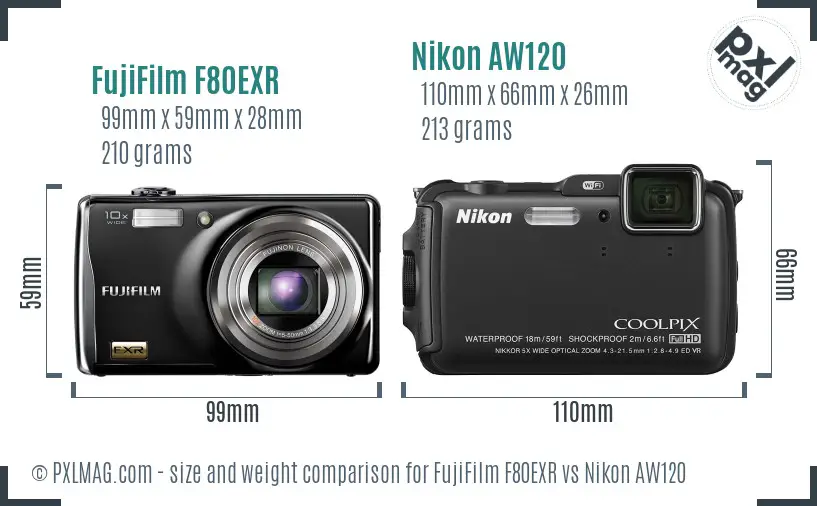 FujiFilm F80EXR vs Nikon AW120 size comparison FujiFilm F80EXR vs Nikon AW120 size comparison