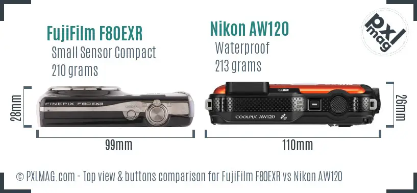 FujiFilm F80EXR vs Nikon AW120 top view buttons comparison