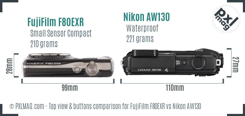 FujiFilm F80EXR vs Nikon AW130 top view buttons comparison