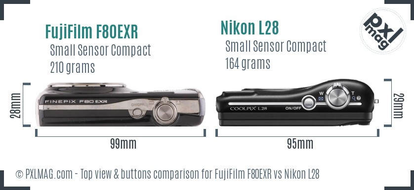 FujiFilm F80EXR vs Nikon L28 top view buttons comparison