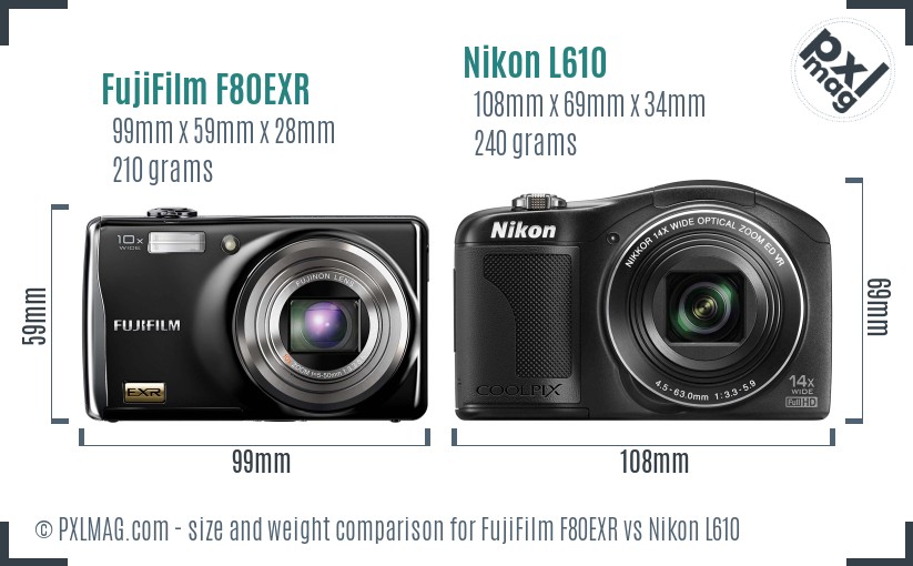FujiFilm F80EXR vs Nikon L610 size comparison