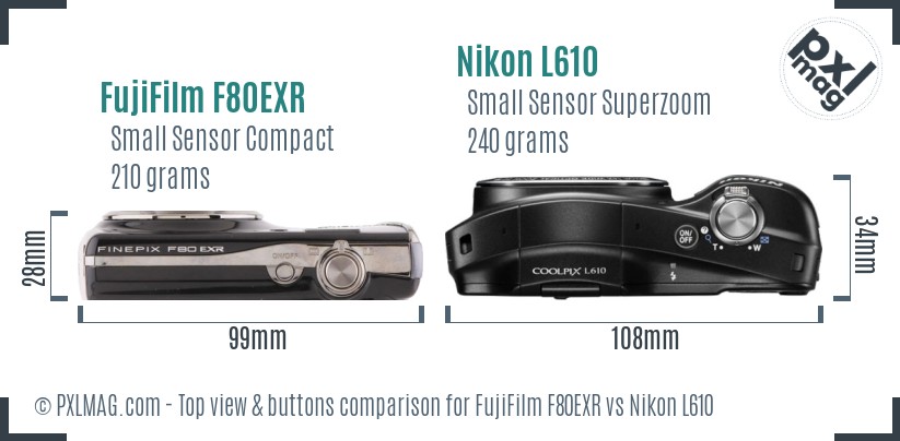 FujiFilm F80EXR vs Nikon L610 top view buttons comparison