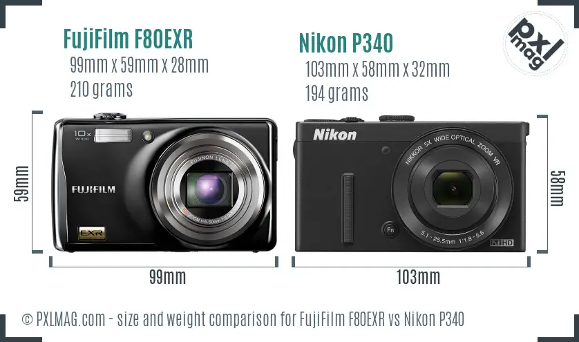 FujiFilm F80EXR vs Nikon P340 size comparison