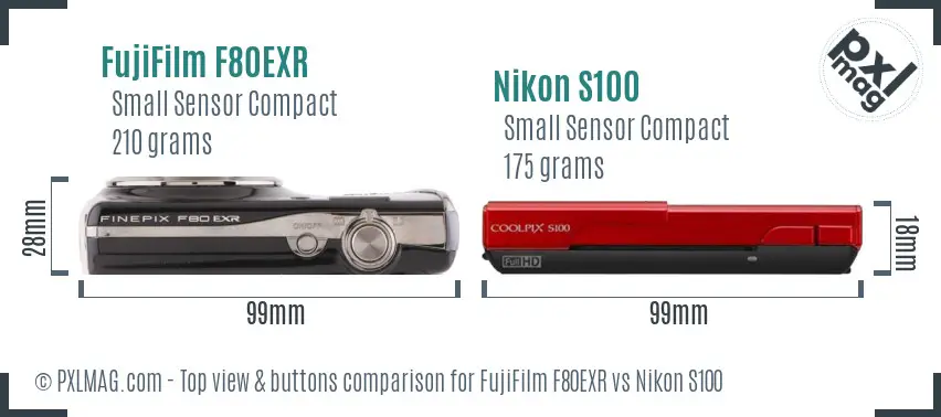 FujiFilm F80EXR vs Nikon S100 top view buttons comparison