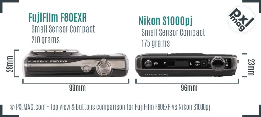 FujiFilm F80EXR vs Nikon S1000pj top view buttons comparison