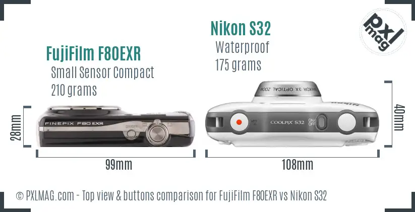 FujiFilm F80EXR vs Nikon S32 top view buttons comparison