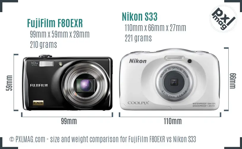 FujiFilm F80EXR vs Nikon S33 size comparison