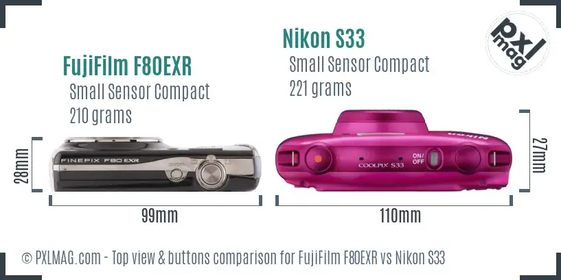 FujiFilm F80EXR vs Nikon S33 top view buttons comparison