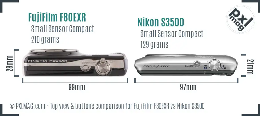FujiFilm F80EXR vs Nikon S3500 top view buttons comparison FujiFilm F80EXR vs Nikon S3500 top view buttons comparison
