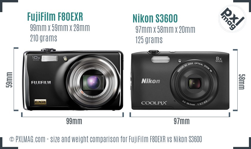 FujiFilm F80EXR vs Nikon S3600 size comparison