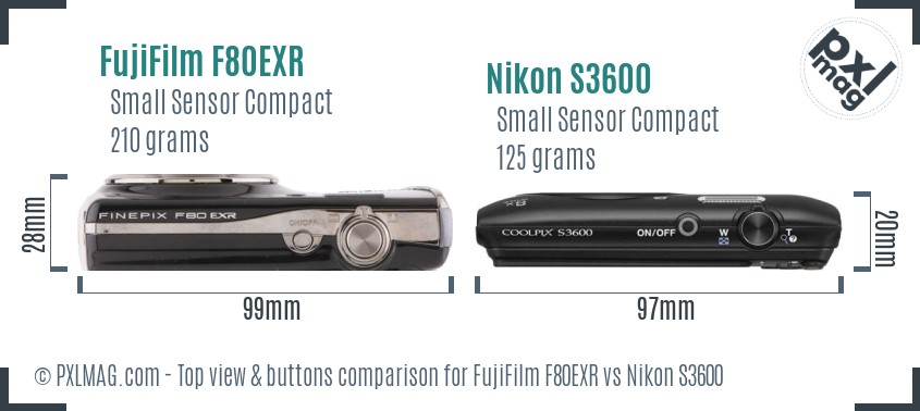 FujiFilm F80EXR vs Nikon S3600 top view buttons comparison