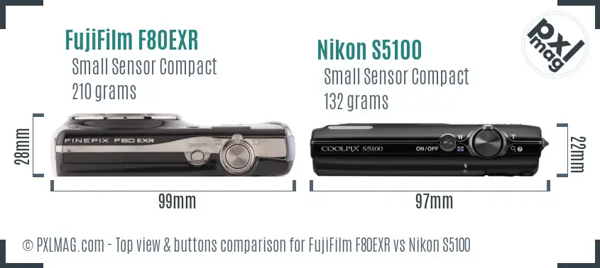 FujiFilm F80EXR vs Nikon S5100 top view buttons comparison