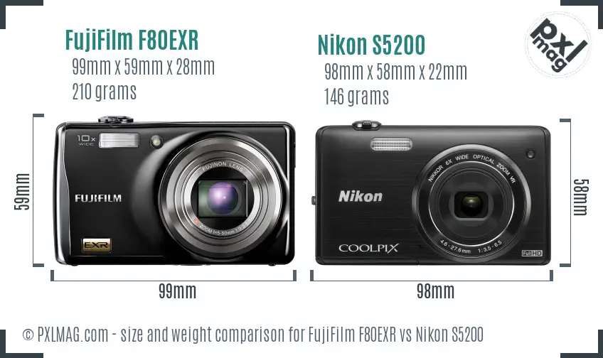 FujiFilm F80EXR vs Nikon S5200 size comparison