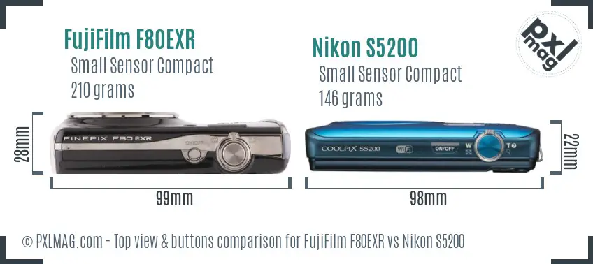 FujiFilm F80EXR vs Nikon S5200 top view buttons comparison