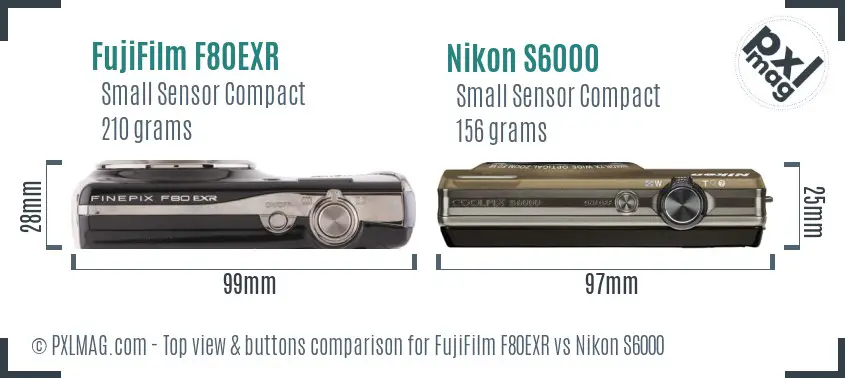 FujiFilm F80EXR vs Nikon S6000 top view buttons comparison FujiFilm F80EXR vs Nikon S6000 top view buttons comparison
