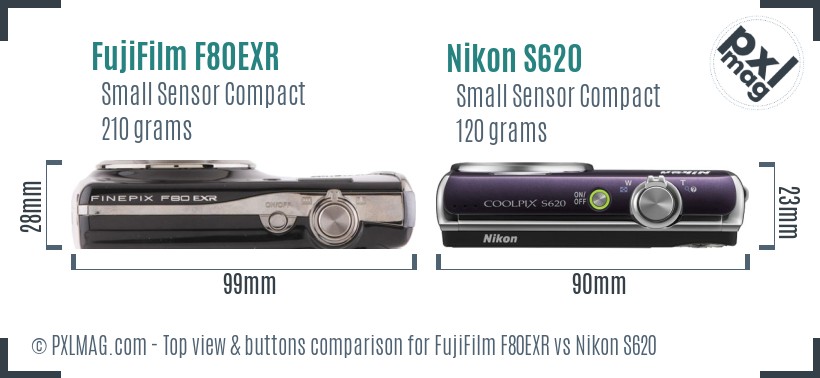 FujiFilm F80EXR vs Nikon S620 top view buttons comparison