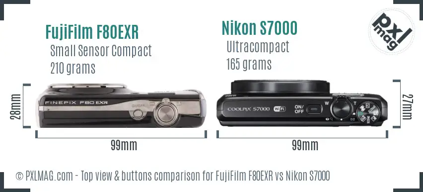 FujiFilm F80EXR vs Nikon S7000 top view buttons comparison FujiFilm F80EXR vs Nikon S7000 top view buttons comparison