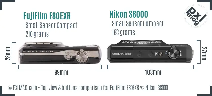 FujiFilm F80EXR vs Nikon S8000 top view buttons comparison FujiFilm F80EXR vs Nikon S8000 top view buttons comparison
