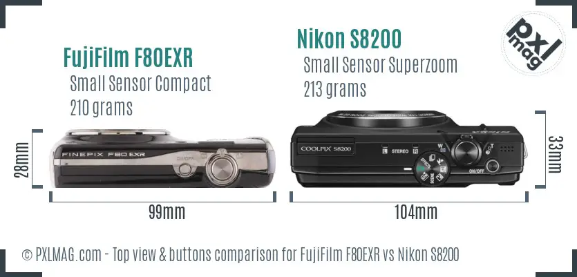 FujiFilm F80EXR vs Nikon S8200 top view buttons comparison FujiFilm F80EXR vs Nikon S8200 top view buttons comparison