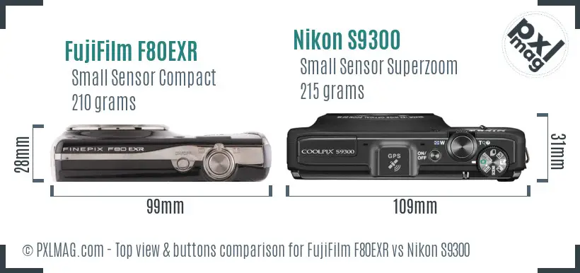 FujiFilm F80EXR vs Nikon S9300 top view buttons comparison
