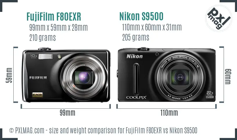 FujiFilm F80EXR vs Nikon S9500 size comparison FujiFilm F80EXR vs Nikon S9500 size comparison