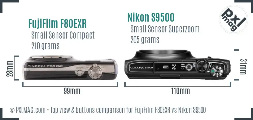 FujiFilm F80EXR vs Nikon S9500 top view buttons comparison