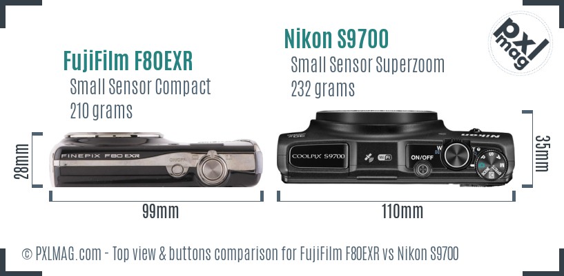FujiFilm F80EXR vs Nikon S9700 top view buttons comparison