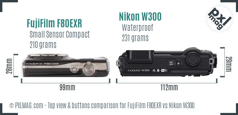 FujiFilm F80EXR vs Nikon W300 top view buttons comparison