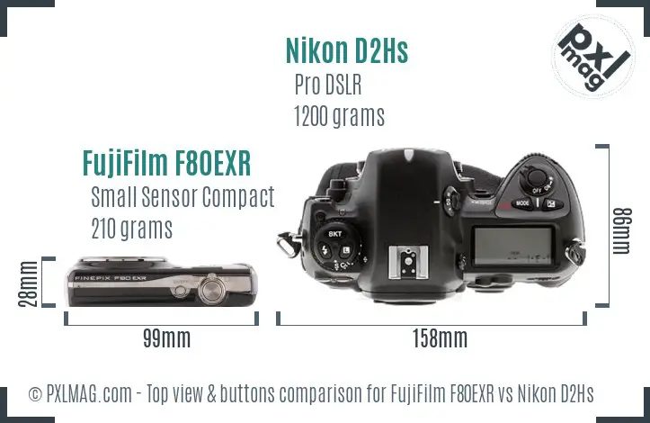 FujiFilm F80EXR vs Nikon D2Hs top view buttons comparison FujiFilm F80EXR vs Nikon D2Hs top view buttons comparison
