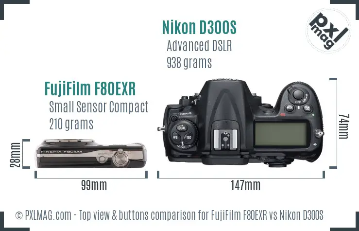 FujiFilm F80EXR vs Nikon D300S top view buttons comparison