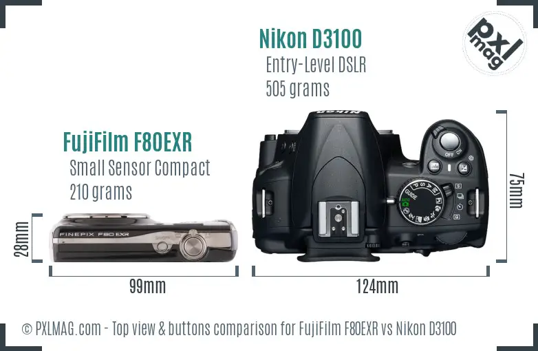 FujiFilm F80EXR vs Nikon D3100 top view buttons comparison FujiFilm F80EXR vs Nikon D3100 top view buttons comparison