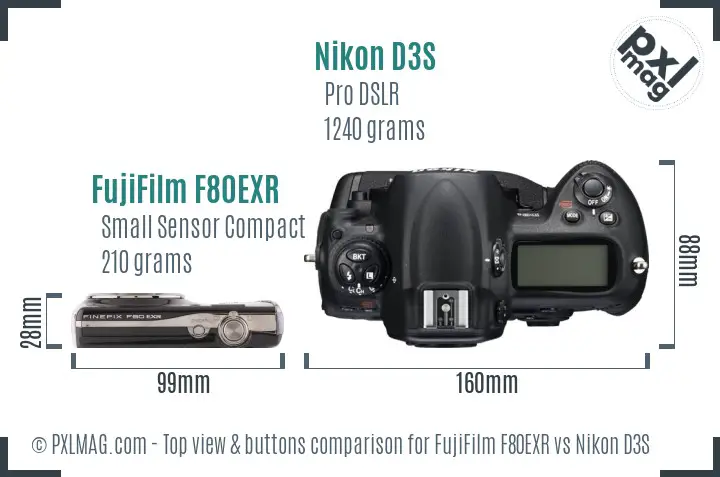 FujiFilm F80EXR vs Nikon D3S top view buttons comparison FujiFilm F80EXR vs Nikon D3S top view buttons comparison