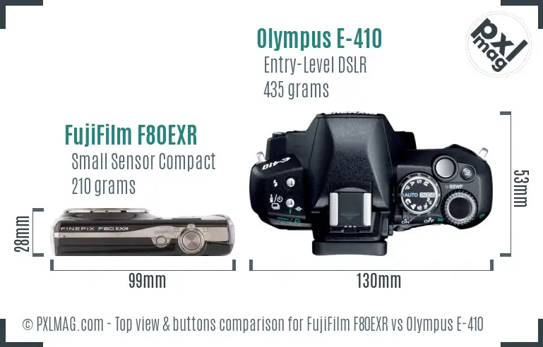 FujiFilm F80EXR vs Olympus E-410 top view buttons comparison