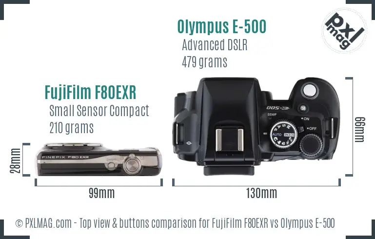 FujiFilm F80EXR vs Olympus E-500 top view buttons comparison FujiFilm F80EXR vs Olympus E-500 top view buttons comparison