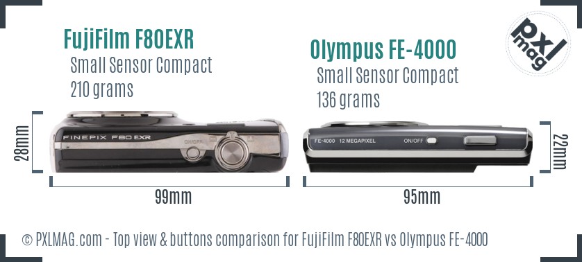 FujiFilm F80EXR vs Olympus FE-4000 top view buttons comparison
