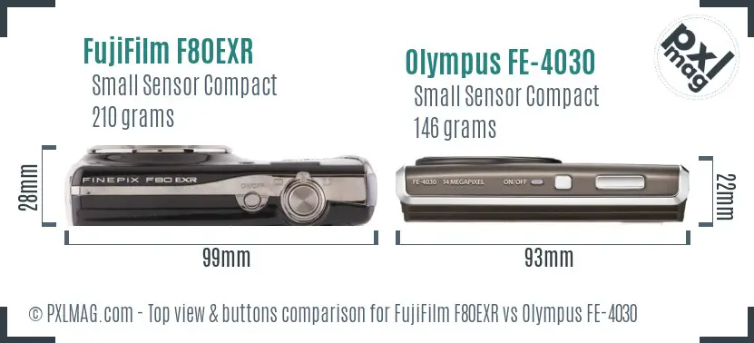 FujiFilm F80EXR vs Olympus FE-4030 top view buttons comparison