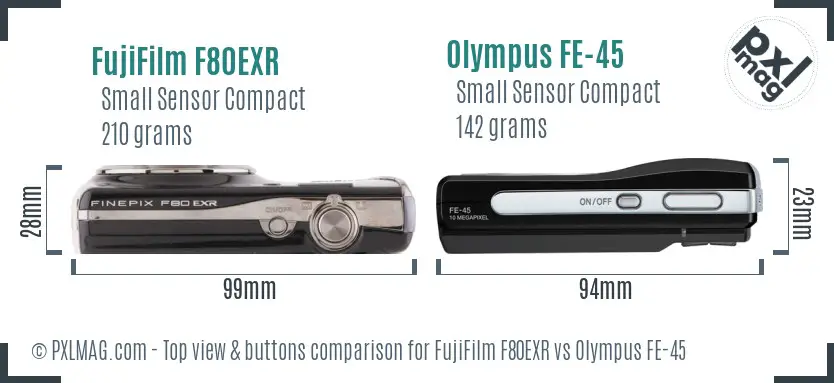 FujiFilm F80EXR vs Olympus FE-45 top view buttons comparison