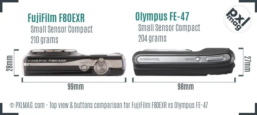 FujiFilm F80EXR vs Olympus FE-47 top view buttons comparison