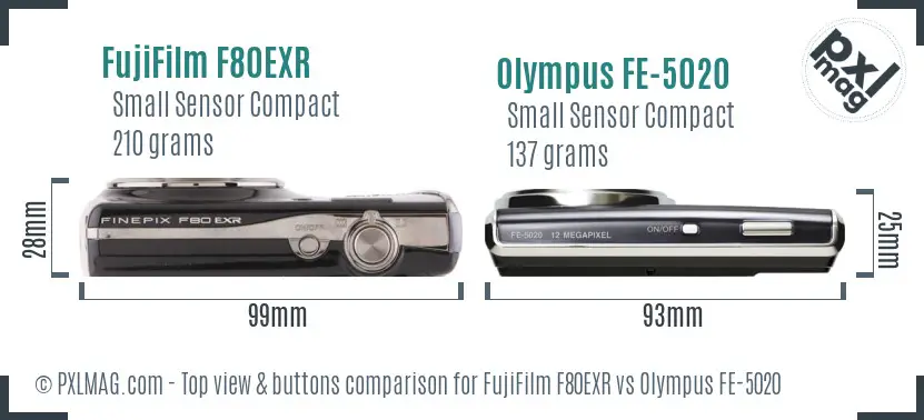 FujiFilm F80EXR vs Olympus FE-5020 top view buttons comparison