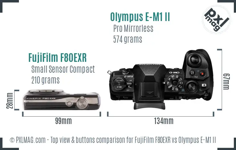 FujiFilm F80EXR vs Olympus E-M1 II top view buttons comparison