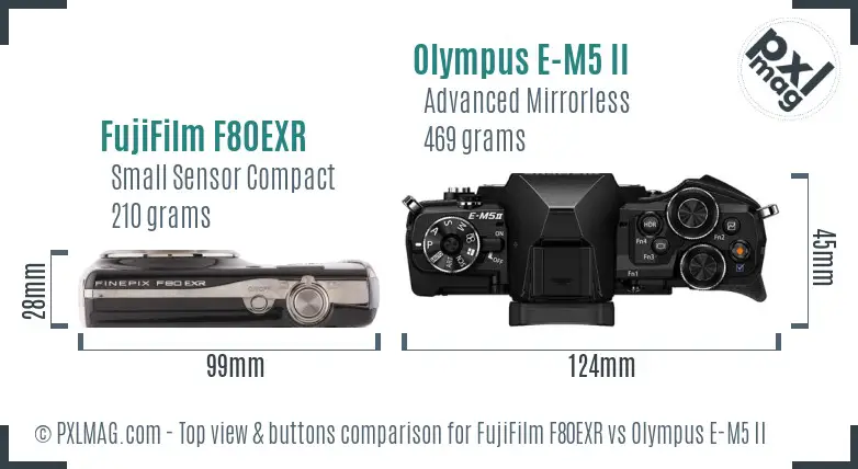 FujiFilm F80EXR vs Olympus E-M5 II top view buttons comparison