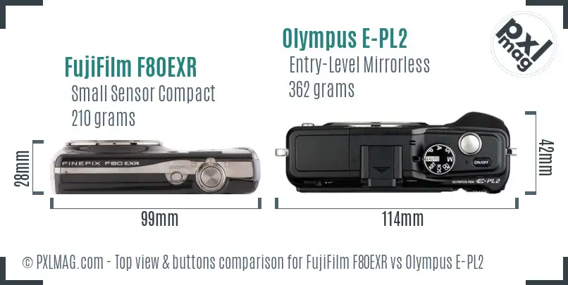 FujiFilm F80EXR vs Olympus E-PL2 top view buttons comparison