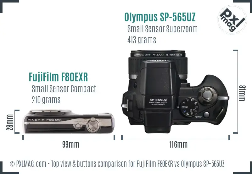 FujiFilm F80EXR vs Olympus SP-565UZ top view buttons comparison