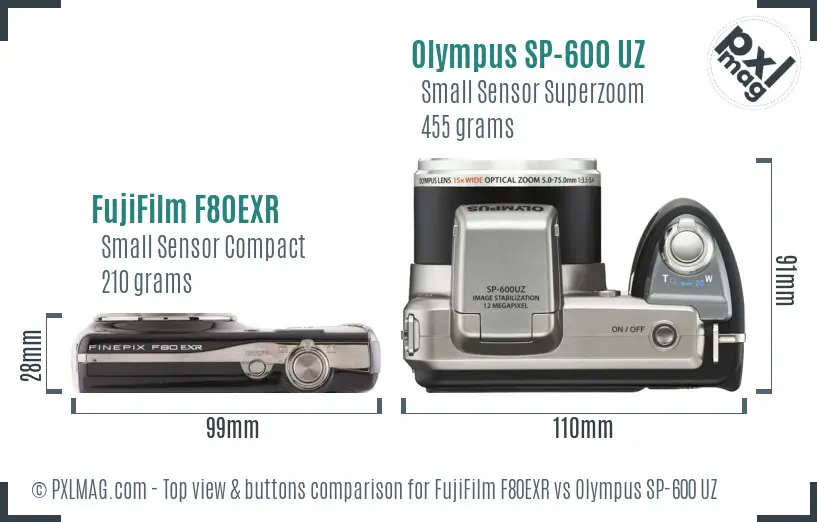 FujiFilm F80EXR vs Olympus SP-600 UZ top view buttons comparison